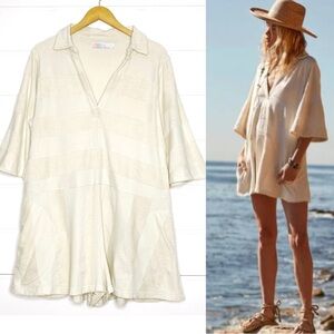 XL Free People Cream Textured V-Neck Romper with pockets